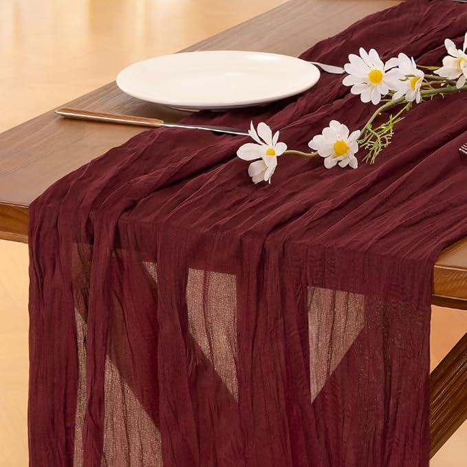 Socomi Burgundy Red Christmas Table Runner 10pcs Cheesecloth Boho Rustic Gauze 120 inch 10FT Cheese Cloth Runner for Wedding Party Baby Shower Birthday Home Decor Holiday Decorations