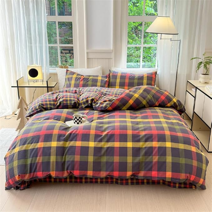 LifeTB Plaid Checkered Comforter Set King 3 Pieces Grid Gingham Bedding Comforter with 2 Pillowcases Farmhouse Lightweight Bedding Fluffy Multicolor Grid Bed Comforter Set King Size for All Season