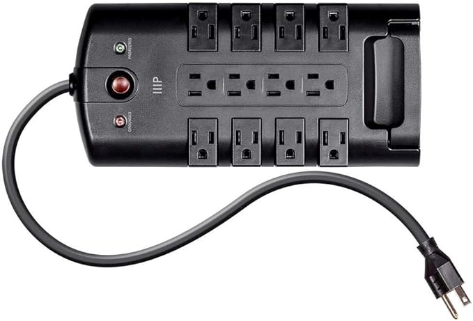 Monoprice 12 Outlet Rotating Power Strip Surge Protector Block -10 Feet Heavy Duty Cord, UL Rated, 4320 Joules, 330 Volts Clamping Voltage, With Grounded And Protected Light Indicator - Black