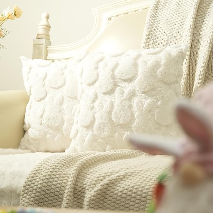 GEEORY Easter Bunny Soft Plush Pillow Covers, 16 x 16 Inch Set of 2, Fluffy Faux Fur Wool Decorative Farmhouse Cushion Case for Sofa Home Decoration Beige GC013-16