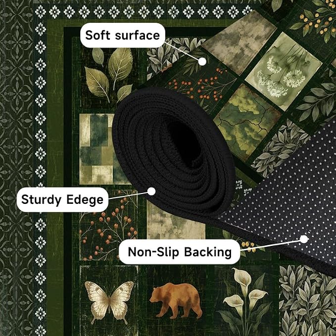 3'x5' Vintage Green Botanical Area Rug Non-Slip Washable Nature Patchwork Carpet Boho Floor Mat Rugs for Entryway Bedroom Living Room Nursery Kitchen Playroom Home Decor