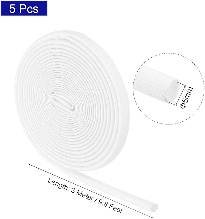 MECCANIXITY 5Pcs Wire Insulation Braid Fire Sleeve,9.8Ft-5mm ID White, High Temp Silicone Coated Fiberglass Sleeving for Automotive Hose Lines Electrical Wiring