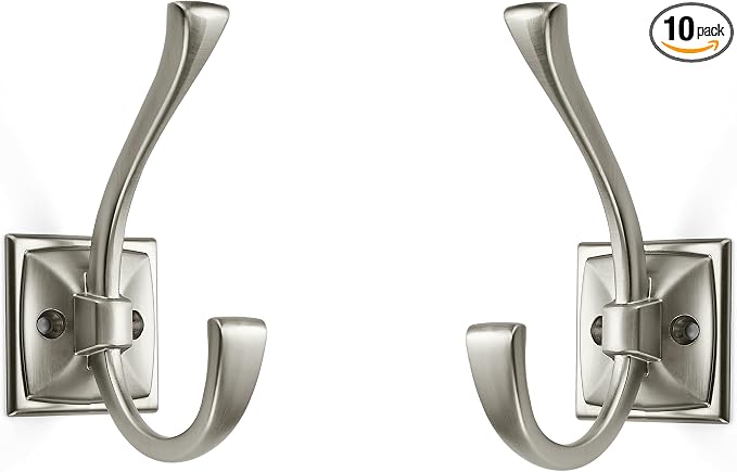 Large Wall Hook Pack, Brushed Satin Nickel, 4.35 Inch Double Robe and Coat Hooks, Towel and Bag Hangers, Wall Mounted with Screws