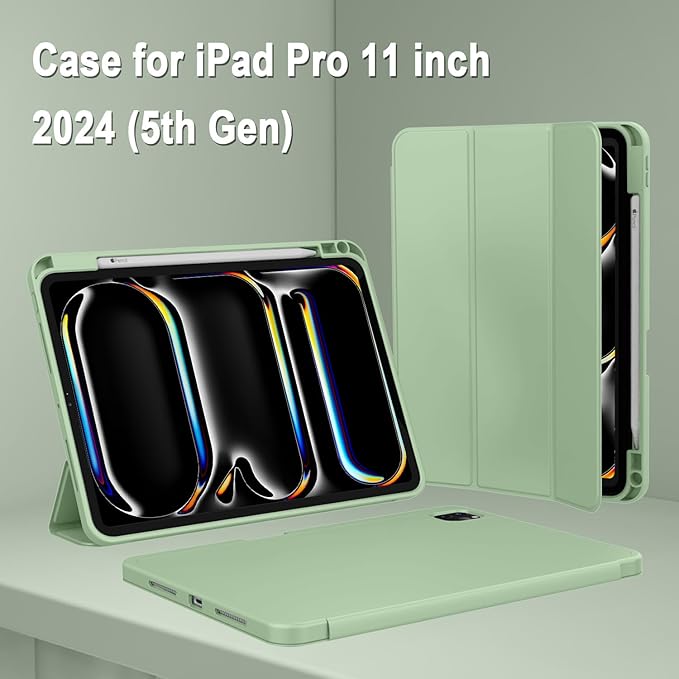 ZryXal iPad Pro 11 Inch Case (M5) 2025/ (M4) 2024 (Model: A2836/A2837/A3006), Trifold Stand Smart Cover with Pencil Holder and Soft TPU Back, Auto Wake/Sleep (Matcha Green)