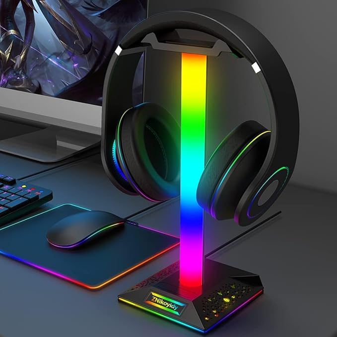 ZNikoyidy RGB Gaming Headset Stand Headphone Stand with 2 USB Ports 10 Color Mode, PC Gaming Desktop Earphone Accessories Gift for Boys Men Gamers