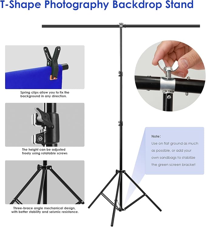 Blue Screen Backdrop Kit, Portable Bluescreen Background with T-Shaped Stand, 5 Clamps & Carrying Bag for Photography, Streaming, Zoom, Gaming, (Blue, 6.5 Feet X 5.0 Feet)