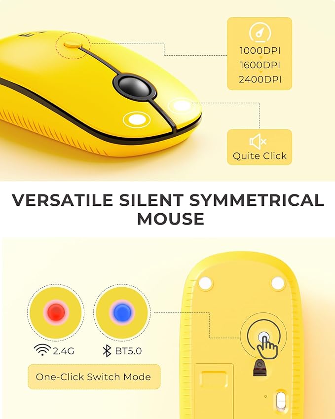 seenda Bluetooth Keyboard and Mouse for iPad, CTU-301 Wireless Multi-Device Connection Bluetooth+2.4G Keyboard Mouse Combo with Tablet Holder for iPad/MacBook/Windows, iOS/Andriod/Phone, Yellow