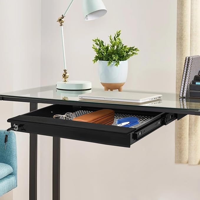 LEYSRIS 17.72" Lx1.8 H Under Desk Storage Drawer with Holes, Locking Design Black Sliding Pull-Out Drawer for Sit Stand Workstation