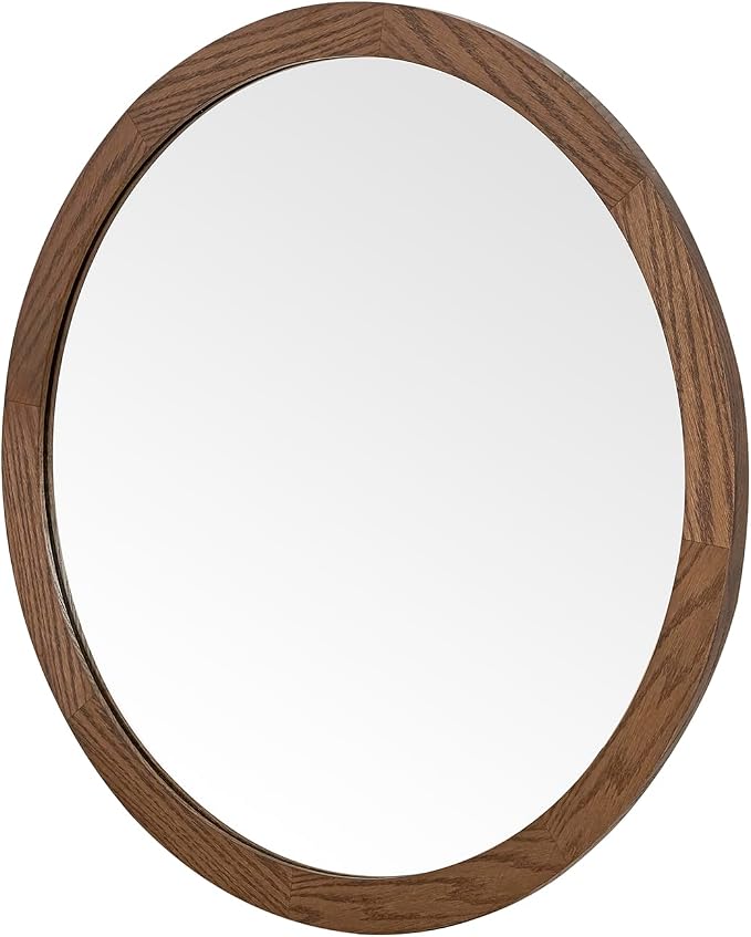 ARIEL Round Wooden Mirror 36" in Brown Oak, Wood Circle Wall Mirror for Bathroom, Vanity, Entryway & Living Room Decor, Farmhouse Style