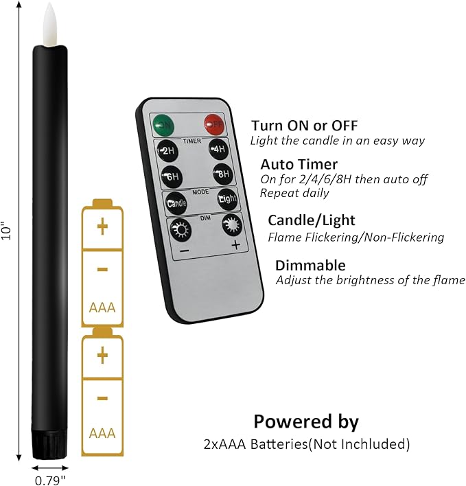 6PCS Flameless Taper Candles with 3D Flickering Flame Battery Operated Candles with 2 Remote with Button Cell Battery 10 Inch Black LED Candlesticks Window Candle for Christmas Home Decor