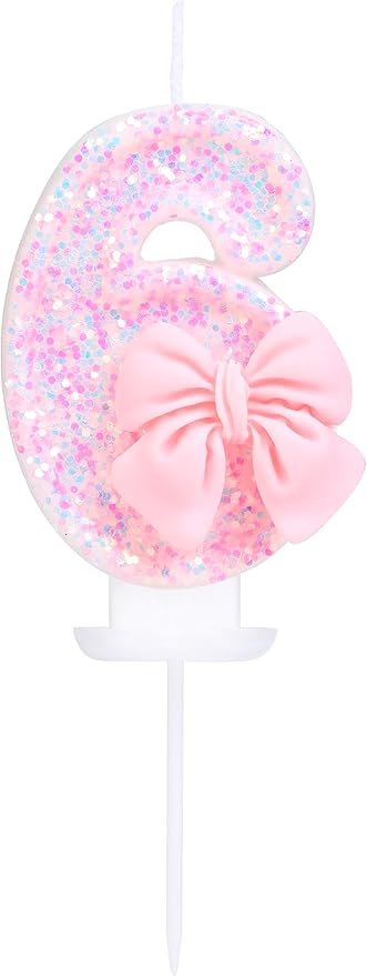 6 Birthday Candle with Pink Sequins and Bowtie, Pink Number 6 Candle Birthday Girl Pastel Sweet Theme 6th Birthday Party or Adults Milestone Age Decoration