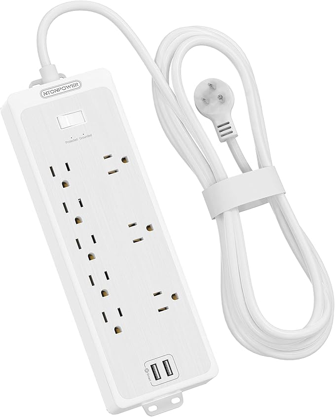 Power Strip Surge Protector, NTONPOWER Flat Plug Long Extension Cord 15 ft, 8 Outlets and 2 USB Ports, 1875W/15A 1700 Joules, Overload Protection and Wall Mount, for Home Office, Dorm Essentials White