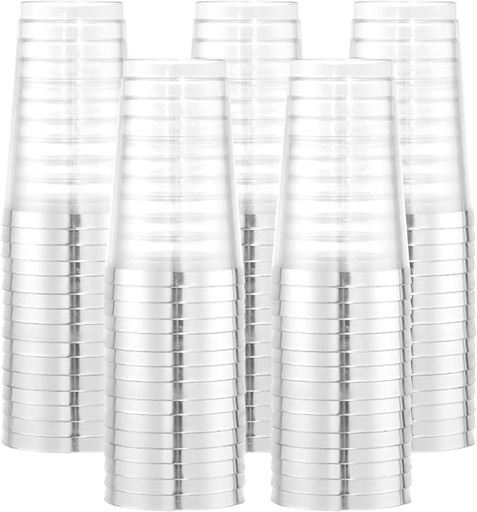 I00000 100 Pack 12 oz Silver Plastic Cups, Silver Rimmed Disposable Cups, Party Wine Glasses Cocktail Glasses Premium Cups with Silver Rim, 12 Ounce Plastic Tumblers For Party