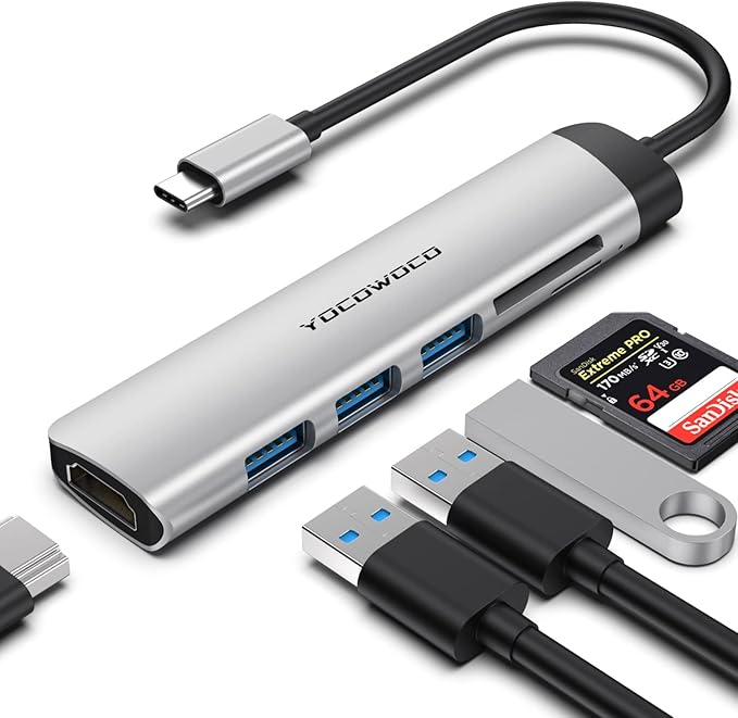 YOCOWOCO USB C Hub, 6 in 1 USB-C to HDMI Multiport Adapter with 4K HDMI, 3 USB 3.0 Ports and SD/TF Card Reader, USBC Dongle Splitter for MacBook Pro/Air, Laptops, PC, Desktop