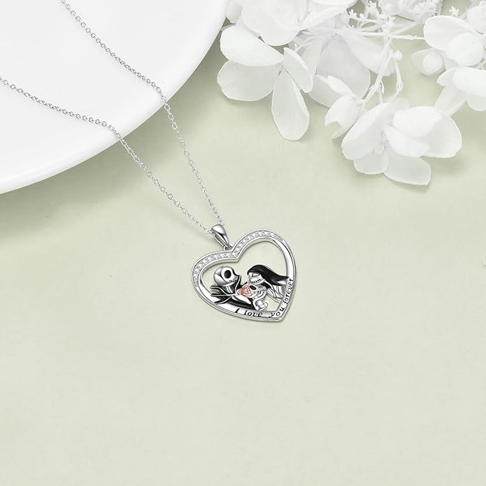 LILALO Christmas Gifts Nightmare Necklace Sterling Silver Abalone Shell Crystal Jack and Sally Necklace Jack Skellington Skull Jewelry Skull Necklaces for Women