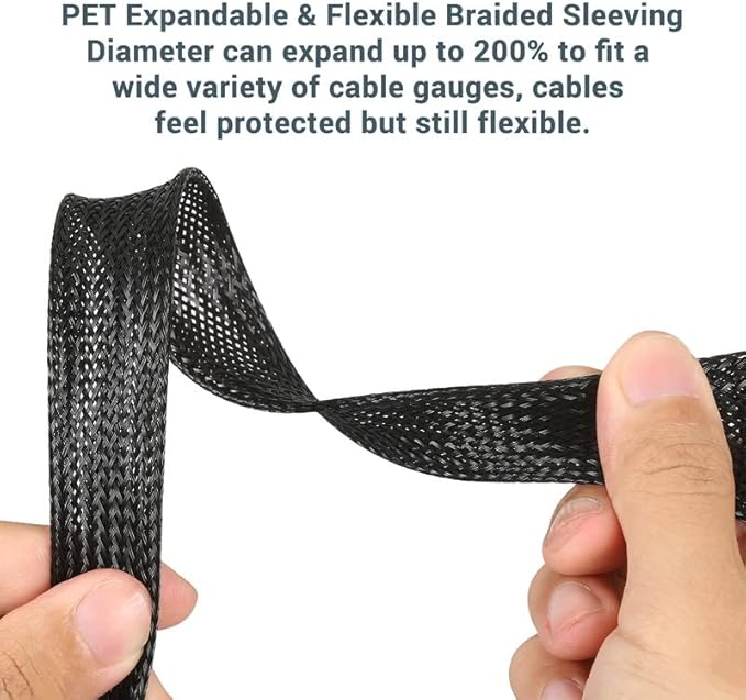 75ft Braided Wire Loom Sleeving Kit,Cable Management Sleeve,Wire Protector Tubing,Cord Organizer Used at Home or Office, to Protect Cables in Automotive, Military, Marine(Black,1inch,1/2inch,3/4inch)