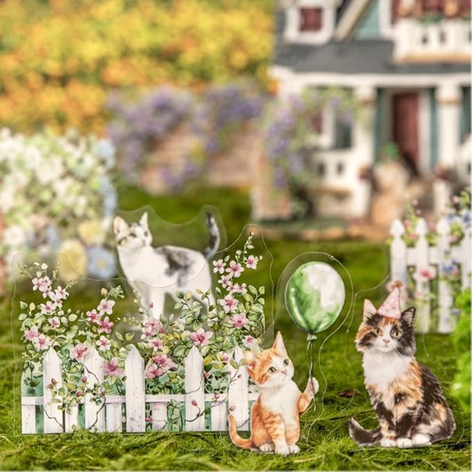 Dwpetzo 90Pcs Unique Transparent PET Stickers for Journaling, Garden Fence with Cat Landscape Stickers for Scrapbooking, Junk Journal Supplies, Collage, Planner