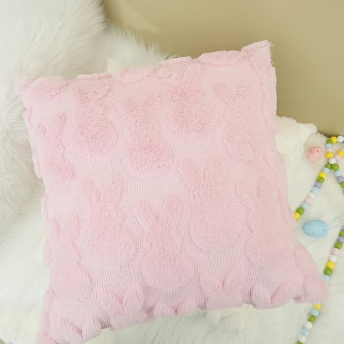 GEEORY Easter Bunny Soft Plush Pillow Covers, 16 x 16 Inch Set of 2, Fluffy Faux Fur Wool Decorative Farmhouse Cushion Case for Sofa Home Decoration Pink GC015-16
