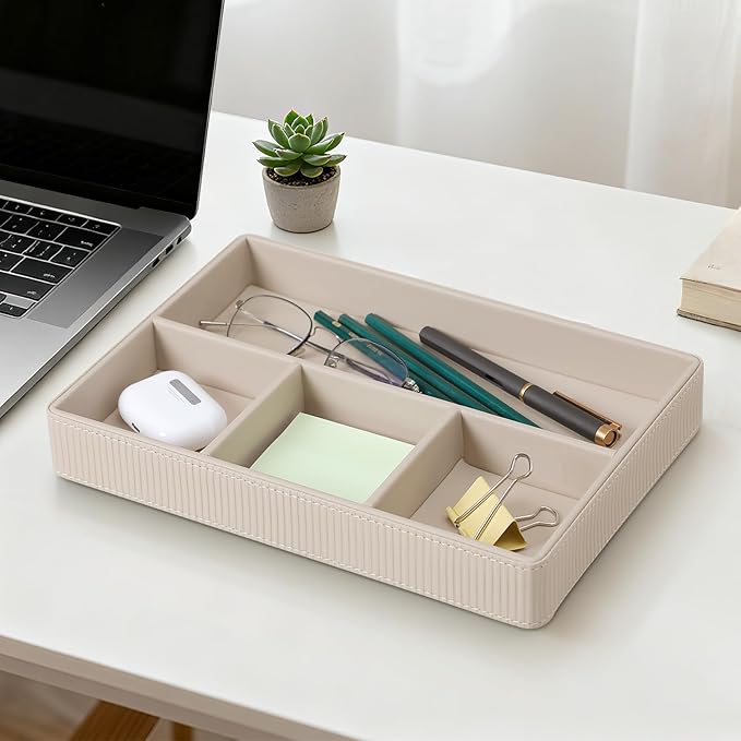 NICLNGSH PU Leather Valet Tray, Decorative Trinket Vanity Desk Drawer Organizer Tray, Perfume Dish Catch All Bowl for Keys, Nightstand Drawer Organizer Women Men with 4 Compartments (Beige)