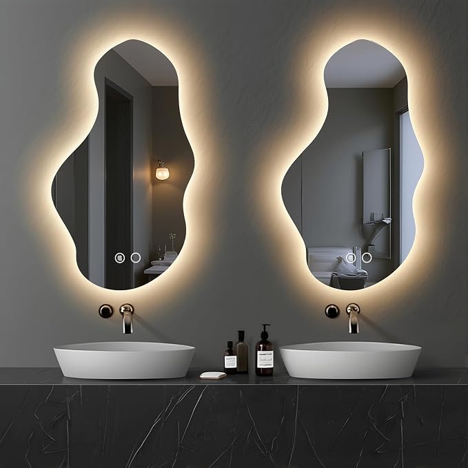 Modern Irregular LED Bathroom Mirror with Lights, Asymmetrical Frameless Smart Lighted Wall Mirror for Living Room Entryway, Large Decorative Makeup Vanity Mirror with Touch Switch(22.5″x39.4″)