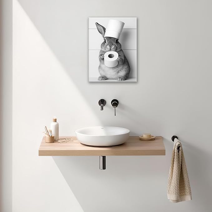Bunny Bathroom Wall Art, Rabbit Pictures Wall Decor, Animal Canvas Prints Painting, Framed Artwork For Bathroom Living Room Bedroom Office Dining Room 24"X20"