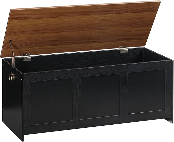 HOOBRO Storage Bench, 43.3" Retro Wooden Storage Chest, Wooden Storage Trunk, Toy Chest with Lift Top, Multifunctional Entryway Organizer, for Entryway, Living Room, Black and Walnut BH411CW01