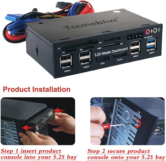 TCC-QL5E 5.25 Inch PC Multifunction Dashboard Media Front Panel, with SATA e-SATA Dual USB 3.0 6 Port USB 2.0 Audio Ports and Five-in-one Card Reader