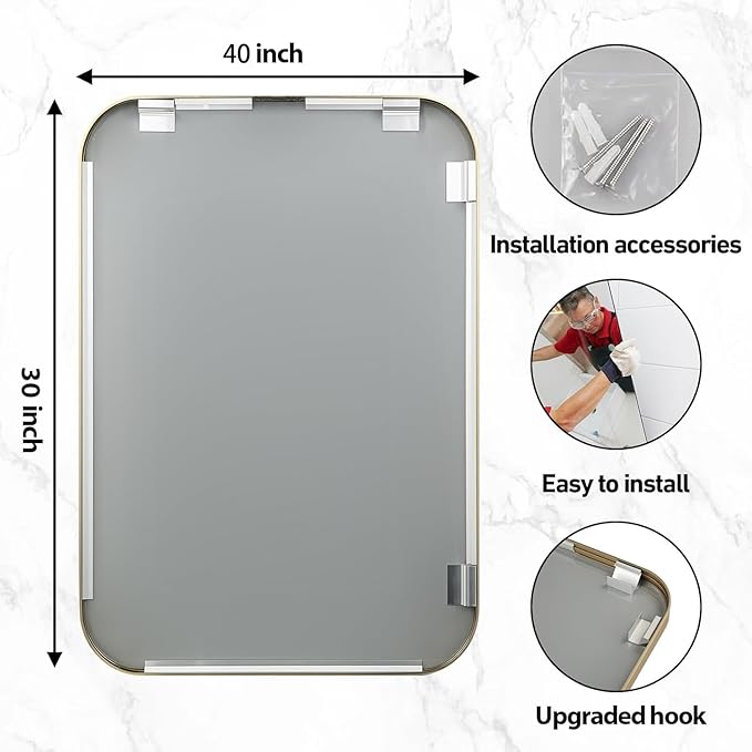 40x30 Inch Gold Bathroom Mirror, Brushed Gold Metal Framed Rectangular Mirror with Rounded Corner, Bathroom Vanity Mirror for Bedroom or Living Room, Horizontal/Vertical