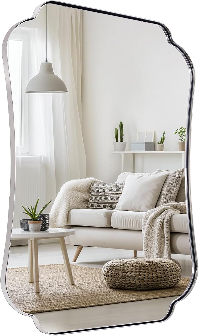 ANDY STAR 24"x40" Chrome Mirror, Scalloped Bathroom Wall Mirror in Anti-Rust Stainless Steel Metal Frame 1’’ Deep, Hangs Vertically/Horizontally