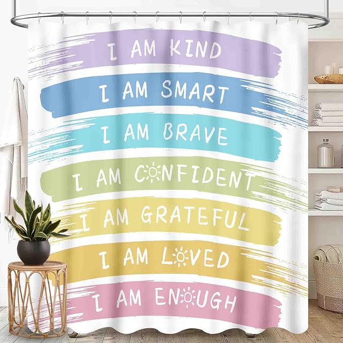 Rainbow Shower Curtain for Girls Bathroom, Kids Baby Boho Cute Inspirational Motivational Quotes Bohemian Cartoon Colorful Pastel Waterproof Fabric Shower Curtain Set with Hooks, 72"x78" Inch