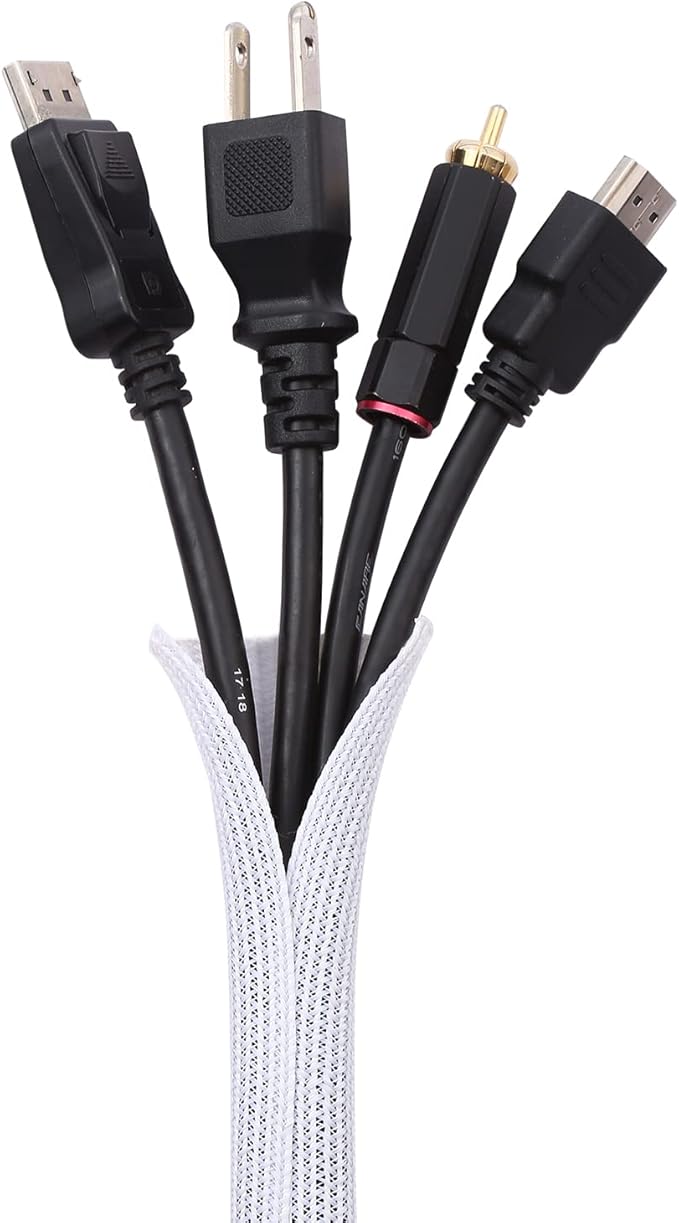 Keco 10ft – 1 inch Cable Management Sleeve Wire Loom Cord Protector – Self Wrap Cable Sleeve Split Sleeving Cord Organizer for TV Computer Automotive Office Home Entertainment – White
