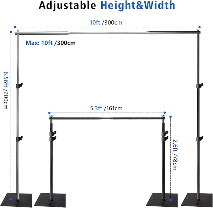 Pipe and Drape Photography Backdrop Stand Kit Adjustable Photo Background Stand 10ft x 6.5ft with Metal Base for Parties Weddings Birthday Party Events Photo booth