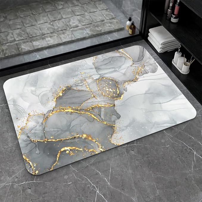 Diatomaceous Earth Bath Mat,Gold Grey Marble Non-Slip Volume Super Absorbent Fast Drying for Bathroom Kitchen Door mat,Eco-Friendly Easy to Clean 17×27.5Inch (43 * 70cm)