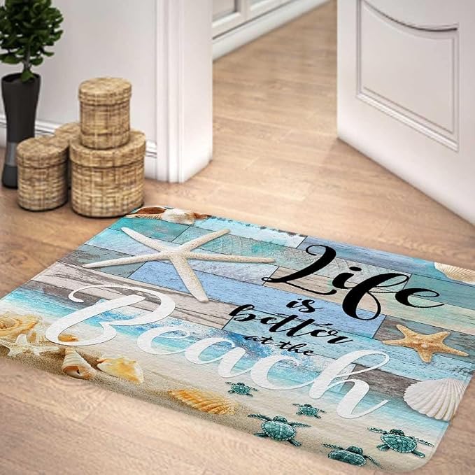 Beach Starfish Sea Shell Ocean Bathroom Rugs Mat, Non Slip Rustic Beach Bath Rugs for Bathroom, Durable Rustic Wooden Flannel Mat Rug, Absorbent Water Clearance Mats for Laundry Room Kitchen,19X31