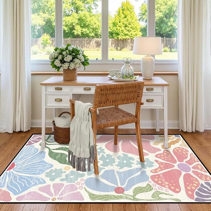 Floral Area Rug Modern Abstract Rug Pastel Flower Print Carpet Colorful Bohemian Plant Rugs for Bedroom Living Room Nursery Kitchen Playroom Home Decor,6'x9'