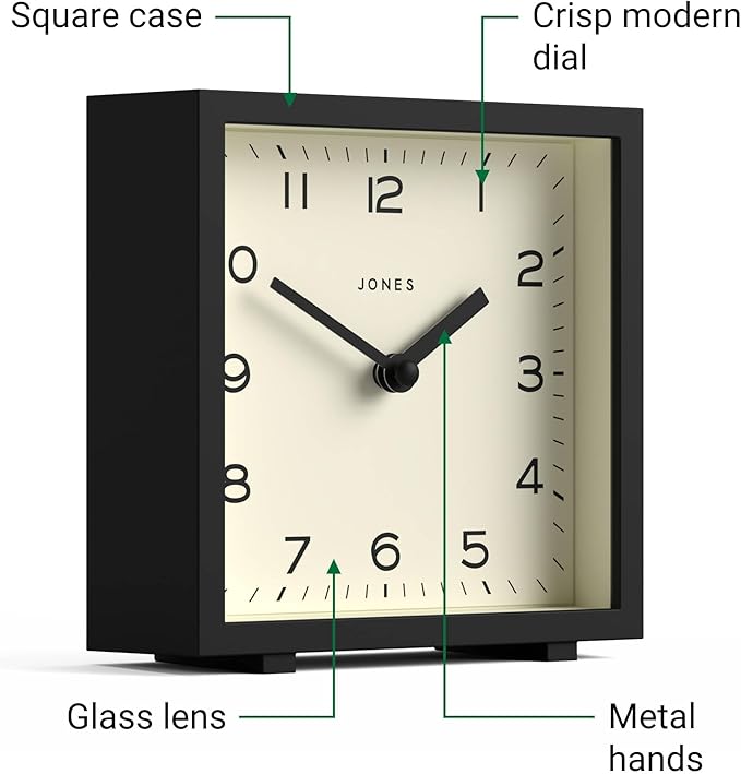 JONES CLOCKS® Disco Desk Clock | Sleek Square Design | Black | Stylish and Easy to Read for Shelf, Table, Mantel or Bedside