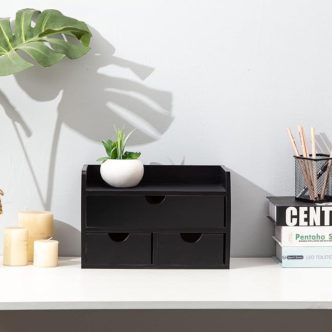 ExoLiry Black Bamboo Desk Organizer Wooden Storage Cabinet 3 Drawers with Shelf Tabletop Organization Box Home Office Workspace Bathroom Toiletries Supplies Caddy Vanity Makeup Stationery Holder