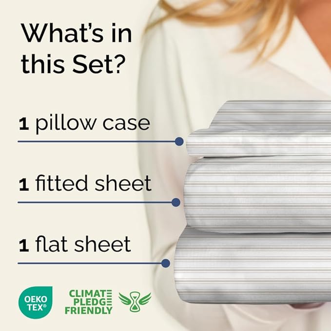 Grey Striped Sheets - 1 Flat & 1 Fitted Sheet & 1 Pillowcase w/ Deep Pockets - Comfy, Cozy, Wrinkle and Fade Resistant - Ultra Soft, Breathable and Cooling - Luxury Pinstripe Bedding - Twin Size