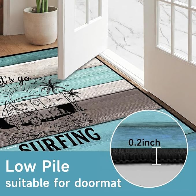 Surfing Area Rug Beach Van Palm Tree Carpet Retro Wood Grain Striped Rugs Non Slip Washable Floor Mat for Bedroom Living Room Nursery Playroom Classroom Home Decor,4'x6'