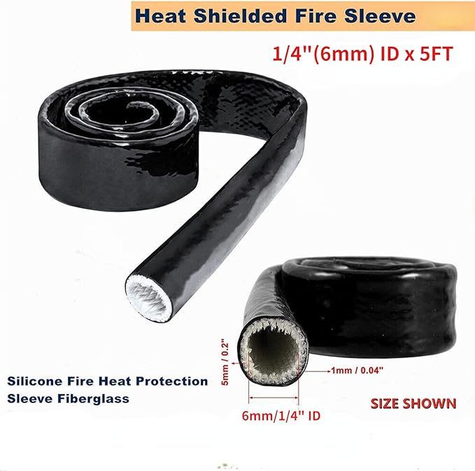 1/4"(6mm) ID Heat Shielded Fire Thermo Armor Fire Sleeve Silicone Coated Fiberglass for Automotive Hose Lines & Electrical Wiring Black, 5 feet