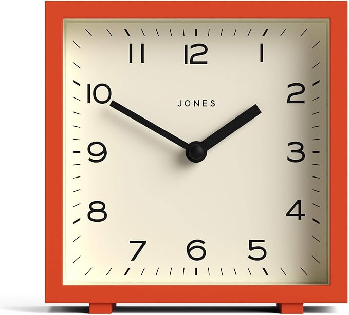 JONES CLOCKS® Disco Desk Clock | Sleek Square Design | Orange | Stylish and Easy to Read for Shelf, Table, Mantel or Bedside