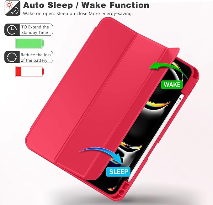 ZryXal iPad Pro 11 Inch Case (M5) 2025/ (M4) 2024 (Model: A2836/A2837/A3006), Trifold Stand Smart Cover with Pencil Holder and Soft TPU Back, Auto Wake/Sleep (Red)