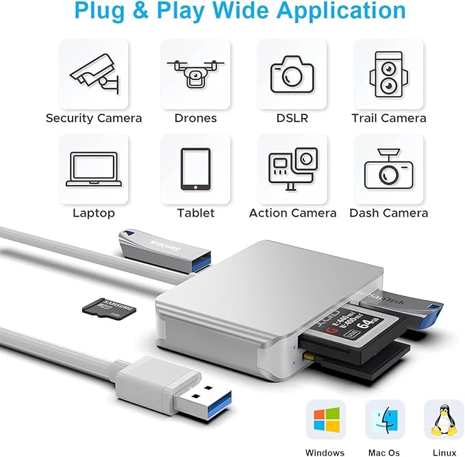 XQD/SD/Micro SD Card Reader, Memory Multi-Card Reader/Writer/Adapter with 2 USB3.0 Port, Support Sony G/M Series Lexar 2933x/1400x USB Mark XQD Card, SD/SDHC/TF Card for Windows/Linux/Mac OS/Vista