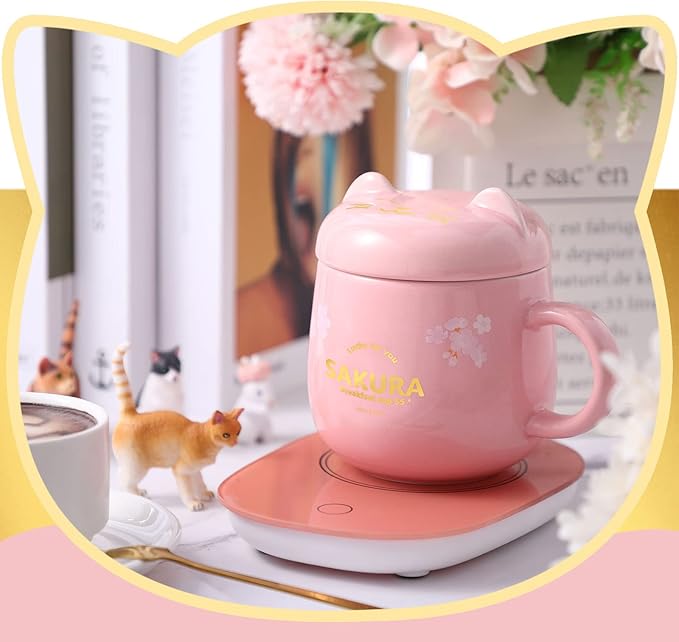 Honeydak Coffee Mug Warmer Cute Cat Mug Set Cup Warmer Christmas Gifts for Women Heated Coffee Warmers for Mom Home Office Desk Valentine's Day Anniversary Birthday Gifts(Sakura,Pink)