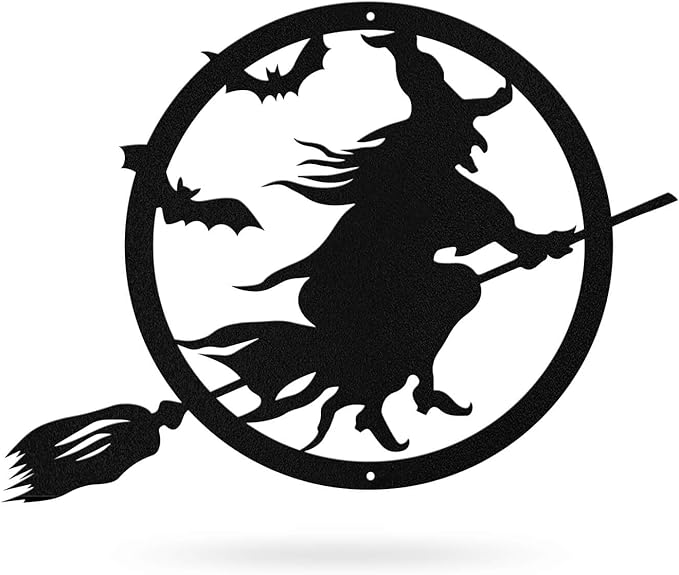 RealSteel Witch Halloween Decoration - Metal Broom Riding Décor - Scary Indoor Outdoor Wall Sign for Haunted Houses - Wicked Witch Flying Porch Art - Flying Bats Front Door Art (30, Black)