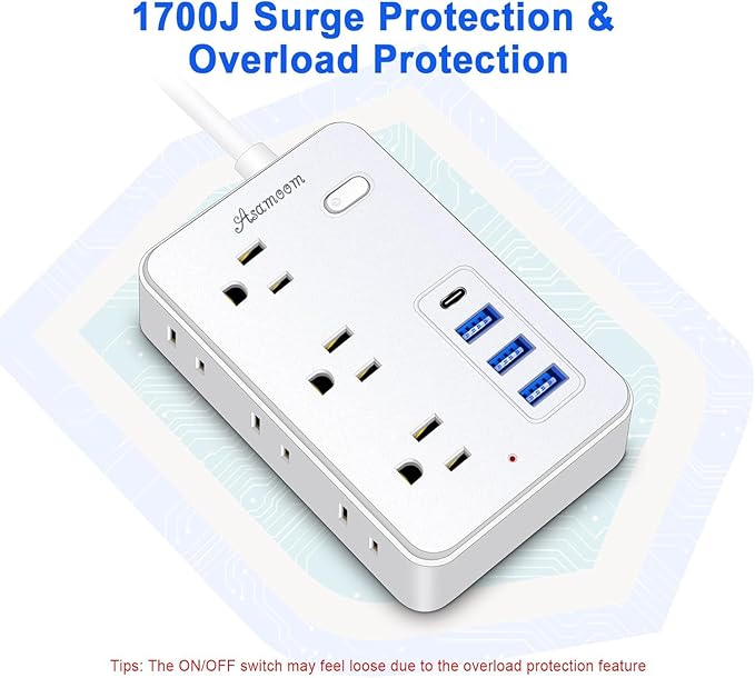 20 FT Extension Cord with Multiple Outlets, Asamoom 20 ft Surge Protector Power Strip with 6 Outlets with 4 USB Ports(1 USB C)，Flat Plug with Long Cord 1700 Joules Protection for Home Office White