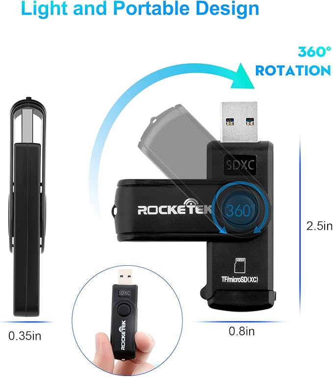 USB 3.0 SD Card Reader, Rocketek 2 Slots Memory Card Reader with a Build-in Micro SD Card Cap for SDXC/SDHC/UHS-I SD Cards, TF/Micro SD Cards Reader - Take It as a USB 3.0 Flash Drive