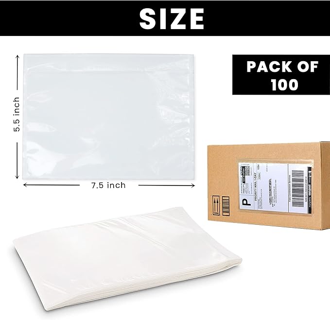 Shipping Label Sleeves 500Pcs, 7.5x5.5 Inches - Packing Slip Envelope Pouches with Self-Adhesive Peel & Seal - Clear Plastic & Waterproof Envelopes Ideal for Invoices & Packaging.