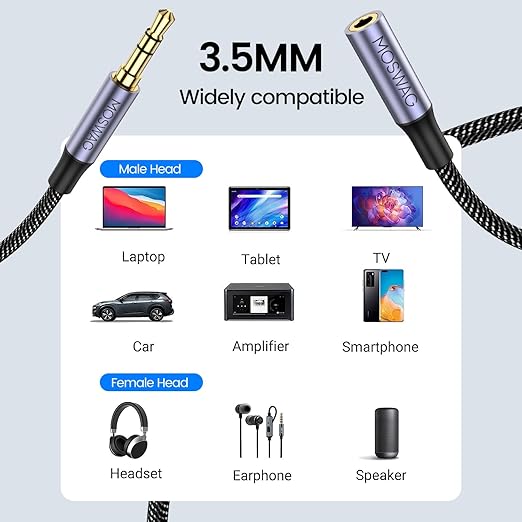 MOSWAG 3.5mm Extension Cable 16.4FT/5M Audio Male to Female Stereo Extension Adapter Nylon Braided Cord Compatible for Home/Car Stereos Smartphones Headphones Tablets Media Players and More