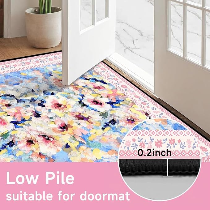 Floral Oil Painting Area Rug Watercolor Flower Print Rugs for Entryway Bedroom Living Room Nursery Kitchen Playroom Home Decor Washable Low Pile Floor Mat Carpet,2'x3'